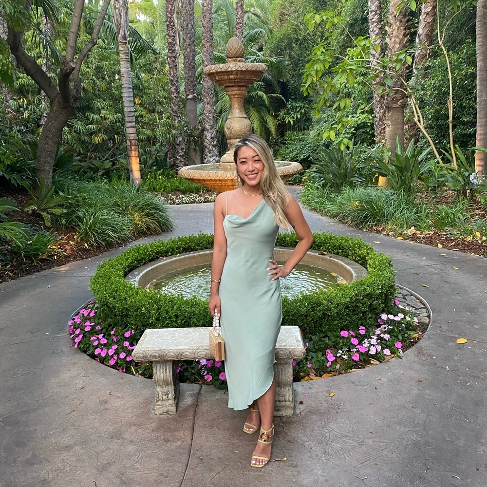 Lulu’s Instant Impression Sage Green Asymmetrical Midi Dress